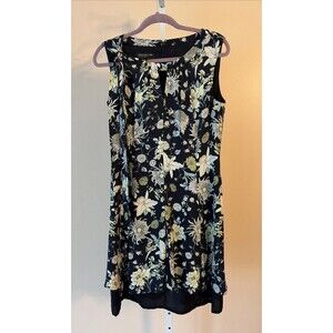 Jones New York Women Floral Pleated Fit Flare Hi Lo Dress 8 Navy Tie Stretch